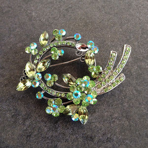 Vintage Deco Style AB and Green Rhinestone Brooch